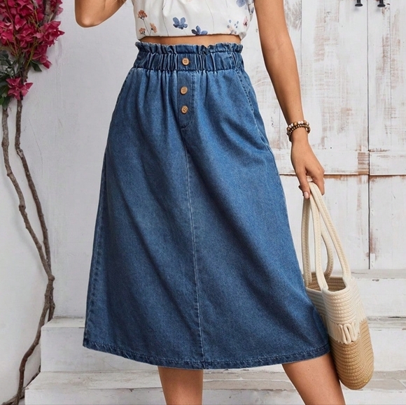 Paperbag Waist Button Front Denim Skirt